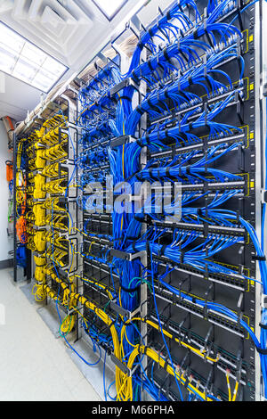 Rack generico con cavi Cat5e Ethernet, parte di una grande azienda del centro dati. Foto Stock