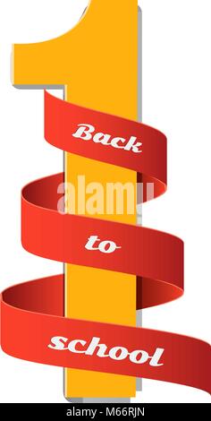 Settembre 1st. Giorno della conoscenza. Si torna a scuola. Nastro rosso con numero giallo 1 isolati su sfondo bianco. Autunno banner. Illustrazione Vettoriale Illustrazione Vettoriale