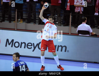 CRACOV, Polonia - 19 gennaio 2016: Uomini EHF European Handball Federation EURO 2016 Cracovia Tauron Arena Polonia Francia o/p: Michal Jurecki Foto Stock