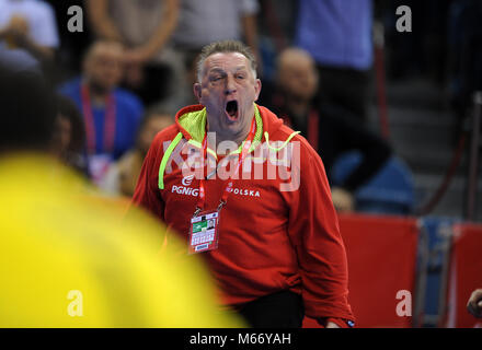 CRACOV, Polonia - 19 gennaio 2016: Uomini EHF European Handball Federation EURO 2016 Cracovia Tauron Arena Polonia Francia o/p: Michael Chrapkowski Foto Stock