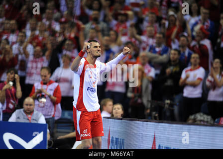 CRACOV, Polonia - 19 gennaio 2016: Uomini EHF European Handball Federation EURO 2016 Cracovia Tauron Arena Polonia Francia o/p: Krzysztof Lijewski Foto Stock