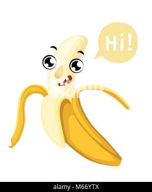 Cartoon carino banana frutta sorridente con una didascalia cloud illustrazione vettoriale isolati su sfondo bianco pagina del sito web e mobile app design Illustrazione Vettoriale