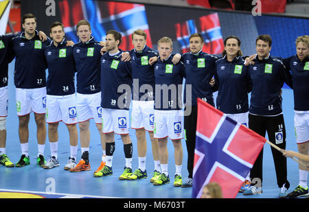 CRACOV, Polonia - 23 gennaio 2016: Uomini EHF European Handball Federation EURO 2016 Cracovia Tauron Arena Polonia - Norvegia o/p: Croazia Foto Stock