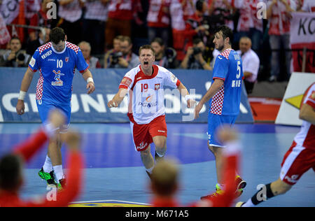 CRACOV, Polonia - 27 gennaio 2016: Uomini EHF European Handball Federation EURO 2016 Cracovia Tauron Arena Polonia Croazia o/p: Foto Stock