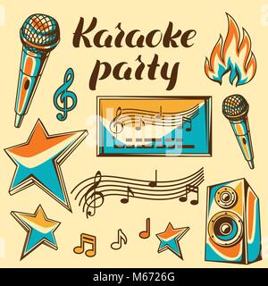 Karaoke parte elementi. Evento di Musica di insieme di oggetti. Illustrazione in stile retrò Illustrazione Vettoriale