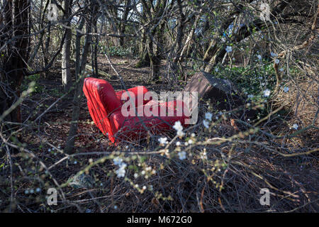 Un oggetto di dumping poltrona rossa in una piccola patch di bosco nel quartiere di Southwark, il 24 febbraio 2018, nella parte sud di Londra, Inghilterra. Foto Stock