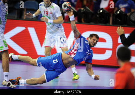 CRACOV, Polonia - 29 gennaio 2016: Uomini EHF European Handball Federation EURO 2016 Cracovia Tauron Arena Norvegia Croazia o/p: Foto Stock