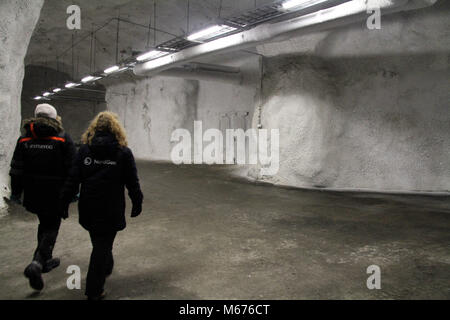 (180301) -- SVALBARD, 1 marzo 2018 (Xinhua) -- i membri dello staff a piedi all'interno del Svalbard Global Seed Vault su Norvegia remota dell Artico arcipelago delle Svalbard nel febbraio 27, 2018. La metropolitana sementi agricole banca in Norvegia riceverà un 13 milioni di US Dollari di sovvenzione per aggiornare e celebra il suo decimo anniversario di quest'anno, il governo norvegese ha detto. Il Svalbard Global Seed Vault, soprannominato il "oomsday' e il 'l'Arca di Noè' vault, è stato istituito come una copia di backup del seme raccolto campioni memorizzati in altre sementi le banche di tutto il mondo. Essa è considerata un fondamentale strumento internazionale per safeg Foto Stock