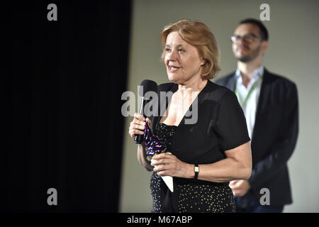 Uherske Hradiste, Repubblica Ceca. 28 Luglio, 2017. Attrice slovacca ed ex ambasciatore Magda Vasaryova parla durante l'estate Film School in Uherske Hradiste, 28 luglio 2017. Credito: Dalibor Gluck/CTK foto/Alamy Live News Foto Stock