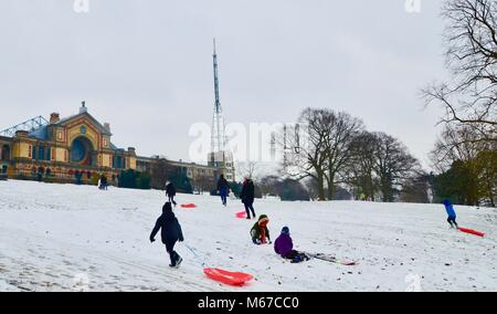 Londra, Regno Unito. 28 Feb, 2018. Regno Unito Meteo: scuola di alcuni bambini giocare nella neve a Alexandra Palace North London REGNO UNITO come alcune scuole sono state chiuse a causa delle condizioni meteo 1 marzo 2018 Credit: simon leigh/Alamy Live News Foto Stock