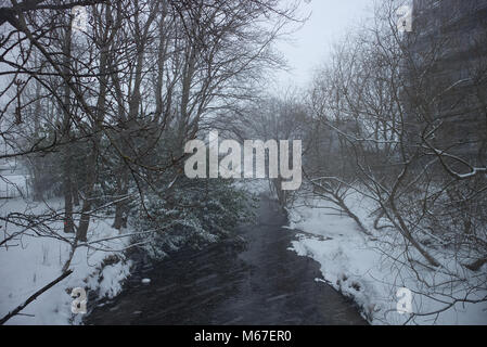 Edimburgo, Scozia, Regno Unito. 1 Marzo, 2018. Le acque del fiume di Leith è inizio a freezwe oltre al Blizzard durante la Bestia di est snowstorm colpendo Edimburgo, Scozia. Credito: Iscotlanda/Alamy Live News Foto Stock