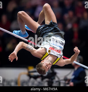 01 marzo 2018, Gran Bretagna, Birmingham: IAAF Campionati mondiali Indoor di Atletica Leggera: Mateusz Przybylko della Germania durante il salto in alto. Foto: Sven Hoppe/dpa Foto Stock