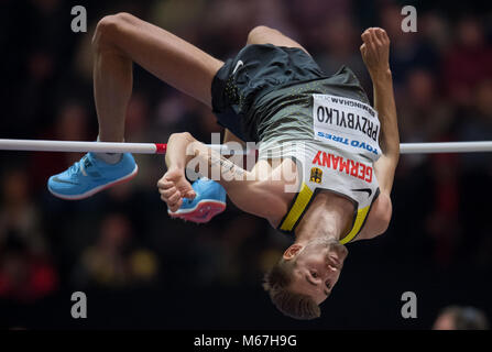 01 marzo 2018, Gran Bretagna, Birmingham: IAAF Campionati mondiali Indoor di Atletica Leggera: Mateusz Przybylko della Germania durante il salto in alto. Foto: Sven Hoppe/dpa Foto Stock