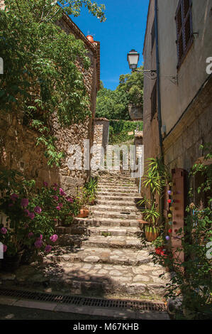 La scala di risalita in stretto vicolo in Chateaudouble, un tranquillo villaggio di origine medievale. Situato nella regione della Provenza, Francia sudorientale. Foto Stock