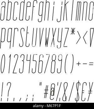 Alte e Skinny Italic piccolo Alfabeto, numeri e simboli Illustrazione Vettoriale