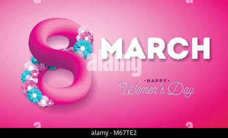 8 marzo. Buon Giorno della Donna biglietto di auguri. International Holiday illustrazione con scintillante 3d otto su sfondo rosa. Template vettoriale. Illustrazione Vettoriale