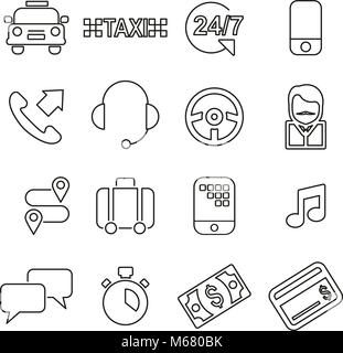 Servizio Taxi icone linea sottile illustrazione vettoriale impostato Illustrazione Vettoriale