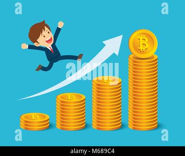 Proprietari sono felice della bitcoin prezzi. Cryptocurrency concetto di mercato. Appartamento cartoon character design. Illustrazione Vettoriale