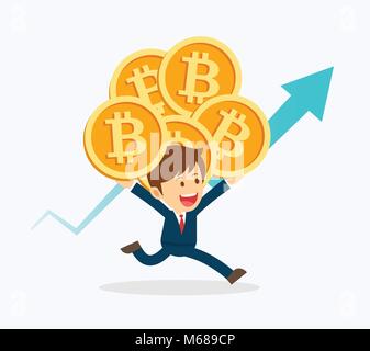 Proprietari sono felice della bitcoin prezzi. Cryptocurrency concetto di mercato. Appartamento cartoon character design. Illustrazione Vettoriale