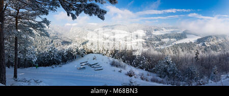 Semmering: vista da "20-Schiling-Blick" (20 Schilling vista) della Ferrovia di Semmering con il Kalte-Rinne-viadotto , Polleroswand, villaggio Breitenste Foto Stock