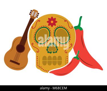 Viva il Messico cranio guitar peperoncino illustrazione vettoriale Illustrazione Vettoriale