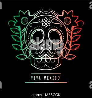 Viva il Messico cranio i baffi e fiori degradare verde bianco e rosso scuro dello sfondo illustrazione vettoriale Illustrazione Vettoriale
