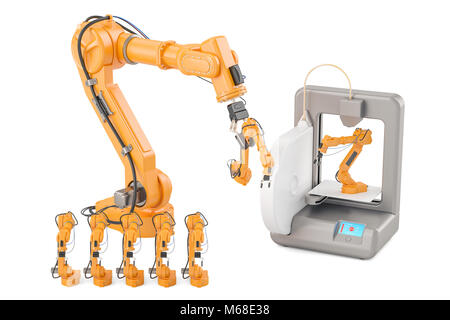 Bracci robotici con stampante 3D, 3D rendering isolati su sfondo bianco Foto Stock
