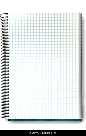 Un notebook di un foglio di carta millimetrata su sfondo bianco Foto Stock