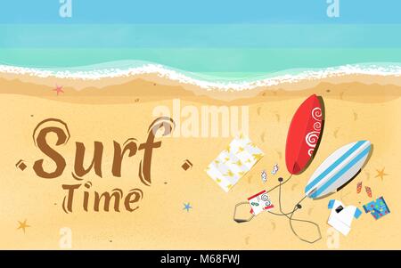 Tempo per il surf. Sulla spiaggia sono cose, una tavola da surf e accessori. Summer Weekend. Vista superiore della spiaggia. Esotiche della zona di riposo. Illustratio vettore Illustrazione Vettoriale