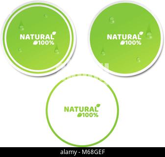 Naturalmente il 100 percento. Un set di adesivi verde in 3d di stile. Fluente gocce di acqua. Prodotto naturale. Etichetta ecologica. Illustrazione Vettoriale. EPS 10 Illustrazione Vettoriale