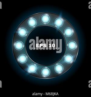 Illuminato rotondo banner di pubblicità fatta di blu lampade al neon. Il tema del casinò e mostrano vari programmi. Realistico illustrazione vettoriale. Shinin Illustrazione Vettoriale