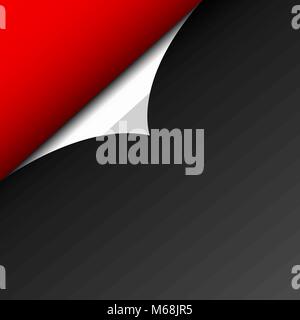Un peeling foglio di carta nera contro lo sfondo rosso. L'angolo curvo riflette la luce. Modello per siti web. Spazio vuoto per il testo. Lo stile Illustrazione Vettoriale
