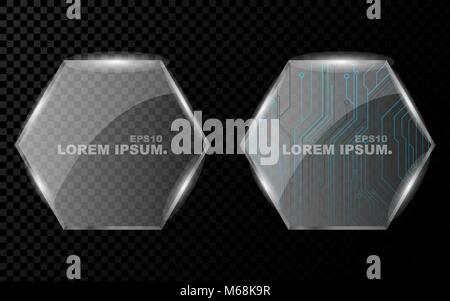 Un banner da un piano realistico di un poligono, un esagono e da una splendente, luminoso 3d vetro su di un oscuro sfondo trasparente. La nuova tecnologia cyber texture, Illustrazione Vettoriale