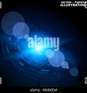 Geometrica astratta sotto forma di particelle di colore blu incandescente nel buio. Un brillante flash di luce. Le nuove tecnologie nella progettazione Illustrazione Vettoriale