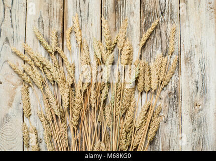 Un covone di spighe di grano su uno sfondo di legno Foto Stock