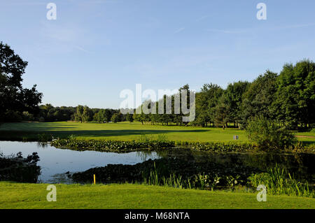 Vista sul laghetto di fronte al XVIII Verde per il fairway, Richings Park Golf Club, Iver, Buckinghamshire, Inghilterra Foto Stock