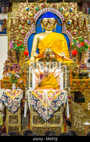 Dharamsala, India - 6 Giugno 2017: Sua Santità il 14 Dalai Lama Tenzin Gyatso dà insegnamenti nella sua residenza a Dharamsala, India. Foto Stock