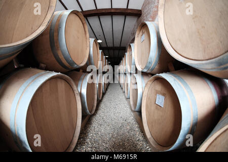 Botti da vino impilati nella vecchia cantina Foto Stock