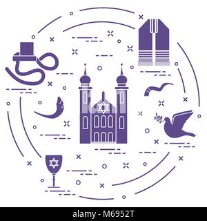 Simboli ebraici: tfillin, sinagoga, pecore di corno, Colomba, David star e altri. Progettazione per la cartolina, banner, poster o di stampa. Illustrazione Vettoriale