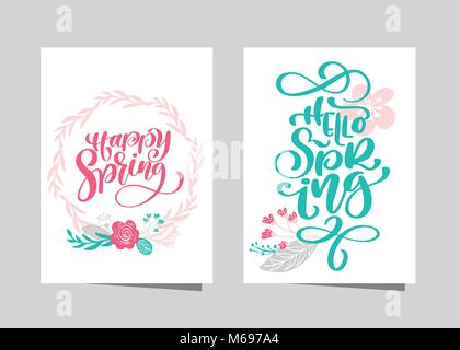 Disegnata a mano scritte felice molla e molla Ciao nel telaio della ghirlanda di fiori, rami e foglie. Scandinavian illustrazione vettoriale. Design per matrimonio inviti, biglietti di auguri Illustrazione Vettoriale