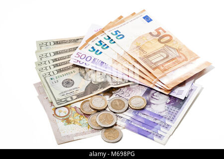 Dollari USA, Euro e Sterline britannici Foto Stock