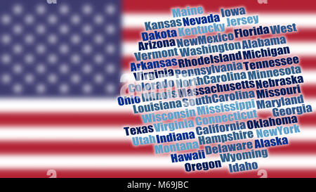 USA nomi di stato sulla bandiera sfocata di Stati Uniti d'America Foto Stock