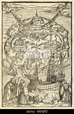 Mappa di la nuova isola di Utopia da un 1518 edizione di "Utopia" da Sir Thomas More (1478-1535), pubblicato per la prima volta nel 1516. Xilografia da Ambrosius Holbein (c. 1494-c. 1519) mostra l'isola con protagonista Raphael Hythloday in basso a sinistra che descrivono la società ideale trovato sull'isola. Vedere ulteriori informazioni qui di seguito. Foto Stock