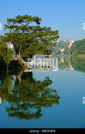 Splendidi paesaggi di Da Lat Città al mattino, pino e piccolo ponte riflettere sull'acqua, scenario in verde, calmo e romantico destinazione per i viaggi Foto Stock