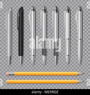 Set di ufficio realistico penne e matite isolato su sfondo trasparente. Articoli di cancelleria bianco in bianco e nero della penna. Illustrazione Vettoriale Illustrazione Vettoriale