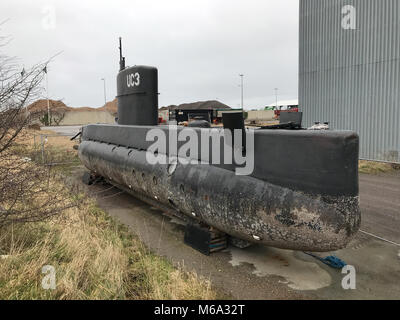 Copenhagen, Danimarca. 18 gennaio, 2018. Dopo ingegnere danese Peter Madsen è stato accusato di omicidio misterioso del giornalista parete Kim, il suo sommergibile "Nautilus" si siede sulla terraferma a Copenhagen, in Danimarca, il 18 gennaio 2018. La sua prova è programmata per avviare il 8 marzo 2018. Credito: Theresa Münch/dpa/Alamy Live News Foto Stock