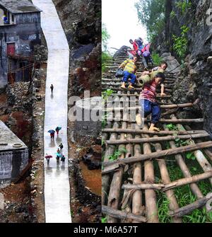 (180302) -- PECHINO, 2 marzo 2018 (Xinhua) -- combinati mostra fotografica di bambini a camminare su una strada di cemento per la scuola a gennaio 11, 2017 (L) e bambini scendendo da una scaletta di legno per la scuola il 7 settembre 3, 2012 in Nongyong villaggio di Dahua Yao prefettura autonoma, a sud della Cina di Guangxi Zhuang Regione autonoma. Della Cina di politiche annuali sessioni del Congresso nazionale del popolo (ANP) e del Comitato Nazionale della la Conferenza consultiva politica del popolo cinese (Cpcpc) sono programmati per convocare in marzo, 2018. Durante le due sessioni, agende di sviluppo verrà esaminata e discussa, e ke Foto Stock