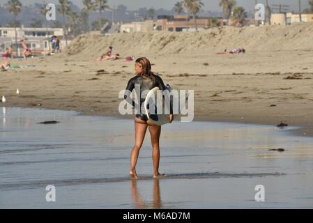 Bella e montare il Latino donna surfer in muta e con tavole da surf sulla spiaggia di Mission Beach, San Diego, California, USA. Foto Stock