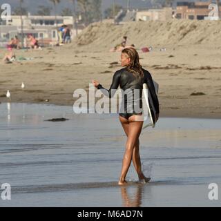 Bella e montare il Latino donna surfer in muta e con tavole da surf sulla spiaggia di Mission Beach, San Diego, California, USA. Foto Stock