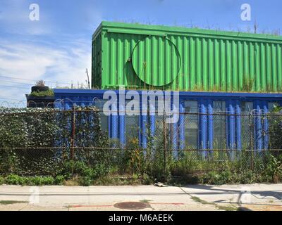 Red Hook, Brooklyn: Verde contenitore impilata su un contenitore blu dietro una catena collegamento recinto, con vegetazione che cresce su e intorno a loro. Foto Stock